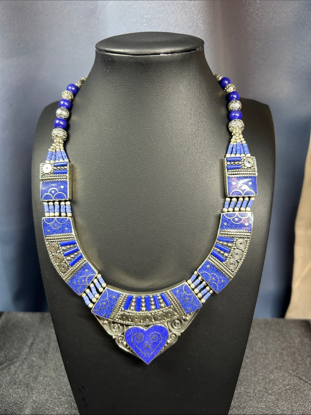 Handcrafted Vintage Tibetan Tribal Lapis Lazuli Mosaic Statement Necklace